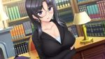  1girl black_clothes black_hair blue_eyes blush breasts chair cleavage crossed_arms earrings eyebrows eyebrows_visible_through_hair formal game_cg glasses hair_over_shoulder highres indoors jewelry large_breasts library lizabell_worth long_hair looking_at_viewer original paizuri_fiancee parted_lips semi-rimless_eyewear short_hair_with_long_locks smile solo standing suit uni8 upper_body 