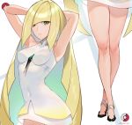  armpits arms_behind_head arms_up bangs blonde_hair breasts commentary covered_navel diagonal_bangs dress english_commentary gem green_eyes high_heels highres hips legs long_hair looking_at_viewer lusamine_(pokemon) medium_breasts parted_lips poke_ball pokemon pokemon_(game) pokemon_sm sendrawz short_dress simple_background sleeveless solo thighs very_long_hair white_background white_dress 