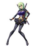  1girl aishuu_hebiko blush bodysuit breasts curvy female full_body gloves green_hair kagami_hirotaka large_breasts lilith-soft long_hair looking_at_viewer ninja open_mouth shiny shiny_clothes shiny_hair skirt solo standing sword taimanin_(series) taimanin_asagi taimanin_rpgx weapon yellow_eyes 