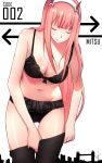  artist_name ass_visible_through_thighs bangs black_bra black_panties bow bow_bra bra breasts character_name cityscape cleavage closed_eyes closed_mouth commentary cowboy_shot darling_in_the_franxx directional_arrow eyebrows_visible_through_hair facing_viewer headgear highres lace lace_bra lace_panties light_smile lingerie long_hair medium_breasts mitsu_(multim) navel panties pantyhose pantyhose_pull solo standing thigh_gap underwear underwear_only white_background zero_two_(darling_in_the_franxx) 