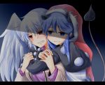  animal_ears bangs beige_jacket black_dress blue_background blue_eyes blue_hair blush breasts clenched_teeth commentary_request crying crying_with_eyes_open doremy_sweet dress empty_eyes eyebrows_visible_through_hair feathered_wings gradient gradient_background hair_between_eyes hands_up happy_tears hat head_tilt hug hug_from_behind jacket kishin_sagume large_breasts letterboxed long_sleeves looking_at_another multicolored multicolored_clothes multicolored_dress multiple_girls open_clothes open_jacket oshiaki pom_pom_(clothes) purple_dress red_eyes red_hat santa_hat shadow short_hair sidelocks silver_hair single_wing smile tail tapir_ears tapir_tail tears teeth touhou upper_body white_dress white_wings wings yuri 