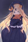  abigail_williams_(fate/grand_order) bangs black_bow black_dress black_hat blonde_hair blue_eyes blush bow commentary_request covered_mouth dress eyebrows_visible_through_hair fate/grand_order fate_(series) gradient gradient_background grey_background hair_bow hat head_tilt keyhole long_hair long_sleeves looking_at_viewer m-ya object_hug orange_bow parted_bangs polka_dot polka_dot_bow sleeves_past_fingers sleeves_past_wrists solo stuffed_animal stuffed_toy teddy_bear very_long_hair 