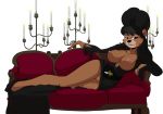  2018 alpha_channel anthro areola bear belt big_breasts black_hair black_nose bracelet breasts candle clothed clothing cosplay disney dress elvira exposed_breasts female footwear hair half-closed_eyes high_heels jewelry long_hair looking_at_viewer lying mammal mature_female nipples no_underwear on_sofa pussy rebecca_cunningham ring shoes simple_background smile sofa solo talespin transparent_background yawg 