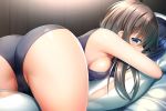  ass bangs blue_eyes bra breasts brown_hair commentary dakimakura_(object) eyebrows_visible_through_hair from_behind grey_bra grey_panties indoors looking_at_viewer looking_back lying noshimasa on_bed on_stomach original panties pillow pillow_hug sideboob solo thighs underwear wooden_wall 