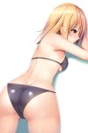  arm_pillow arm_support ass ass_visible_through_thighs back blonde_hair blush breasts butt_crack cameltoe closed_mouth commentary_request eyebrows_visible_through_hair from_above from_behind highres light_smile looking_to_the_side lying medium_breasts medium_hair noshimasa on_stomach original partial_commentary simple_background solo swimsuit thighs white_background 