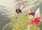  a5m aircraft airplane ascot black_hair bow brown_eyes chanko cloud collared_shirt commentary_request detached_sleeves flying frilled_skirt frills hair_bow hair_tubes hakurei_reimu landscape light_frown looking_at_another looking_back mary_janes medium_hair medium_skirt motion_blur nontraditional_miko open_mouth partial_commentary red_bow red_shirt red_skirt ribbon-trimmed_sleeves ribbon_trim roundel shirt shoes sidelocks skirt skirt_set sleeveless sleeveless_shirt socks touhou white_legwear wide_sleeves yellow_neckwear 