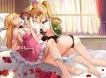  2girls ass barefoot bed blonde_hair bondage bowsette crown dress horns long_hair panty_pull pointed_ears ponytail princess_peach super_mario tagme_(artist) 