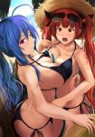  ahoge alternate_costume arm_around_back ass azur_lane bangs bare_shoulders beach bikini black_bikini black_ribbon blue_hair blue_sky blush breast_press breasts butt_crack cleavage closed_mouth cloud collarbone commentary_request criss-cross_halter curvy day embarrassed eyebrows_visible_through_hair eyewear_on_head hair_between_eyes hair_ribbon halter_top halterneck hand_up hat holding holding_innertube honolulu_(azur_lane) hose hose_between_breasts innertube kanzaki_kureha large_breasts long_hair looking_at_viewer looking_back multiple_girls navel ocean open_mouth outdoors purple_eyes red_eyes red_hair ribbon sand sky smile st._louis_(azur_lane) stomach straw_hat sun_hat sunglasses swimsuit symmetrical_docking thighs twintails water wet 
