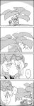  &gt;_&lt; 4koma ? aki_minoriko bow cirno comic commentary_request directional_arrow dress flying food fruit grapes greyscale hair_bow hat highres holding ice ice_wings leaf letty_whiterock monochrome oversized_plant plant pulling scarf short_hair short_sleeves silent_comic smile sweet_potato tani_takeshi touhou translation_request wings yukkuri_shiteitte_ne |_| 