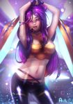  alternate_costume arctic_owl arm_ribbon arms_up artist_name bandeau breasts cleavage dancing double_bun fingerless_gloves freckles gloves headset highres idol k/da_(league_of_legends) k/da_kai'sa kai'sa league_of_legends lipstick long_hair looking_at_viewer makeup medium_breasts midriff navel pants purple_hair purple_lipstick ribbon solo tight tight_pants 