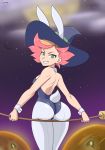  amanda_o'neill animal_ears ass bare_shoulders bat black_leotard broom bunny_ears bunny_girl bunny_tail bunnysuit canime cloud detached_collar detached_sleeves fake_animal_ears from_behind green_eyes grin hat holding holding_broom jack-o'-lantern leotard little_witch_academia looking_at_viewer looking_back moon multicolored_hair night night_sky orange_hair outdoors pantyhose pink_hair short_hair sky smile solo star_(sky) starry_sky strapless strapless_leotard tail two-tone_hair white_legwear witch witch_hat wrist_cuffs 