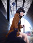  bench black_cat black_hair blue_eyes blurry blush brown_jacket cat clock dated depth_of_field from_side ground_vehicle highres jacket long_sleeves number open_clothes open_jacket original parted_lips reito_(1755866) short_hair sitting star star_print suitcase train train_station 