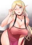  apron bangs black_choker blonde_hair blue_eyes blush braid breasts choker collarbone covered_nipples elf eyebrows_visible_through_hair honda_naoki huge_breasts indoors jewelry leaning_forward long_hair looking_at_viewer naked_apron necklace nose_blush one_eye_closed open_mouth original parted_bangs pointy_ears pot side_braid sideboob smile solo sweat very_long_hair 
