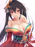  ahoge azur_lane bangs bare_shoulders black_hair blush breasts cleavage collarbone commentary_request cowboy_shot crossed_bangs eyebrows_visible_through_hair feathers gradient gradient_background hair_between_eyes hair_ornament hand_up highres japanese_clothes kimono large_breasts long_hair looking_at_viewer obi off_shoulder open_mouth ranju_aira red_eyes red_kimono sash simple_background smile solo taihou_(azur_lane) twintails very_long_hair wide_sleeves 