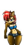  2009 5_fingers anthro biped blue_eyes breasts brown_fur chipmunk cleavage clothed clothing female fist fur goblinhordestudios hair half-closed_eyes hand_on_hip hi_res k9wolf mammal multicolored_fur navel pouting red_hair rodent sally_acorn shorts simple_background solo sonic_(series) tan_fur thigh_gap thong tube_top two_tone_fur underwear watermark white_background wide_hips 