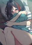  aqua_jacket bang_dream! bangs bed_sheet black_hair blush brown_eyes crying holding holding_jacket jacket lying mitake_ran mizukikushou multicolored_hair object_hug on_side pillow red_hair shirt short_hair short_sleeves solo streaked_hair striped striped_shirt 