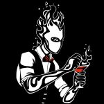  2018 5_fingers alcohol artistic_license beverage biped black_and_white black_background clothed clothing digital_drawing_(artwork) digital_media_(artwork) elemental eyewear fire fire_elemental glasses grillby humanoid male monochrome not_furry simple_background solo standing undertale video_games wine 