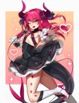  ;d artist_name blue_eyes blue_ribbon boots breasts commentary dress elizabeth_bathory_(fate) elizabeth_bathory_(fate)_(all) english_commentary eyebrows_visible_through_hair eyes_visible_through_hair fang fate/grand_order fate_(series) gradient gradient_background hair_ribbon heart high_heel_boots high_heels holding holding_microphone horns jpeg_artifacts knee_boots long_hair looking_at_viewer microphone one_eye_closed open_mouth outstretched_arm pink_hair pointy_ears ribbon simple_background small_breasts smile solo sparkle tail terupancake twitter_username v-shaped_eyebrows wrist_cuffs 