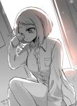  boku_no_hero_academia breasts cleavage collarbone dated dress_shirt greyscale indoors lin_(amateur_lin) medium_breasts monochrome one_eye_closed shirt short_hair sitting sketch solo uraraka_ochako 