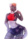  2018 5_fingers anthro blue_eyes breasts clothed clothing digital_media_(artwork) feline female food hair kristiana_puff mammal midriff miniskirt navel orange_hair simple_background skirt solo tongue tongue_out white_background 