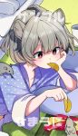  animal animal_ears animal_on_shoulder bangs blue_pajamas blush chips collarbone commentary_request cup food food_in_mouth grey_hair hair_between_eyes hand_up head_rest highres holding holding_food long_sleeves lying mouse mouse_ears mouth_hold namauni nazrin on_side pajamas pillow polka_dot polka_dot_pajamas potato_chips red_eyes shadow short_hair solo tatami touhou translated upper_body wide_sleeves 