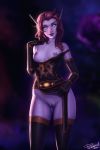  blue_eyes breasts clothing elf facial_piercing female humanoid legwear lip_piercing looking_at_viewer nipple_piercing nipples nose_piercing not_furry personalami piercing pointy_ears pussy solo thigh_highs video_games void_elf warcraft 