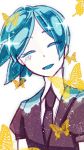  1other androgynous aqua_hair blue_hair bug butterfly colored_eyelashes crystal_hair eyebrows_visible_through_hair eyes_closed gem_uniform_(houseki_no_kuni) happy highres houseki_no_kuni insect necktie open_mouth phosphophyllite short_hair smile solo upper_body yellow_butterfly 