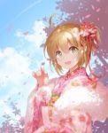 1girl :d ahoge bangs blue_sky blurry brown_hair cherry_blossoms cloud commentary_request condensation_trail day depth_of_field floral_print flower fur_collar green_eyes hair_between_eyes hair_flower hair_ornament hair_ribbon hand_up happy_new_year highres holding japanese_clothes kimono long_sleeves looking_at_viewer new_year open_mouth original outdoors petals pink_kimono print_kimono red_flower red_ribbon ribbon shangguan_feiying short_hair sidelocks sky smile solo tied_hair upper_body wide_sleeves wind_chime 