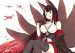  :d aircraft airplane akagi_(azur_lane) animal_ears azur_lane black_hair breasts cleavage fox_ears fox_girl fox_tail large_breasts long_hair looking_at_viewer multiple_tails open_mouth pokasu red_eyes simple_background smile solo tail white_background wide_sleeves 