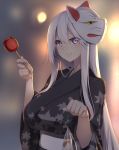  absurdres azur_lane blurry breasts candy_apple commentary_request depth_of_field enterprise_(azur_lane) fish food fox_mask goldfish highres holding huge_breasts japanese_clothes kimono long_hair looking_at_viewer mask mask_on_head obi purple_eyes sash smile solo white_hair yamanokami_eaka yukata 