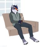  2018 4_toes 5_fingers anthro barefoot canine caraid clothed clothing digital_media_(artwork) digitigrade dog eyewear glasses holding_object hoodie male mammal sitting solo toes yellow_eyes 
