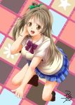  blue_legwear blue_skirt checkered checkered_background collarbone commentary_request green_ribbon grey_hair hair_ribbon hand_on_own_face kneeling long_hair love_live! love_live!_school_idol_project minami_kotori one_side_up otonokizaka_school_uniform ribbon school_uniform short_sleeves signature skirt smile solo vest yellow_eyes yua_(checkmate) 