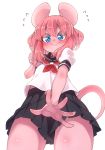 2018 5_fingers anthro big_ears blue_eyes blush clothing embarrassed female front_view fur hair looking_at_viewer looking_down low-angle_view mammal miniskirt mouse pink_fur pink_hair pink_nose portrait rodent school_uniform simple_background skirt solo standing three-quarter_portrait uniform white_background youki young 