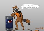  2018 anthro balls brown_fur clothed clothing cowardlion cum cum_drip cum_on_ground cum_on_leg dialogue digital_media_(artwork) dripping flask flat_colors fur goo_creature guardians_of_the_galaxy humanoid_penis kuromaru male mammal marvel mugen penis procyonid raccoon rocket_raccoon simple_background smile torn_bottomwear torn_clothing video_games 