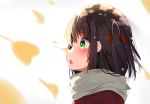  blurry blurry_background blurry_foreground blush brown_hair coat commentary_request depth_of_field from_side ginkgo green_eyes hair_ribbon highres looking_away mizuki_ryuu on_nose one_side_up open_mouth original portrait red_coat red_ribbon ribbon scarf simple_background solo upper_teeth white_background white_scarf 