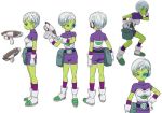  1girl alien armor breastplate breasts character_sheet chirai dragon_ball dragon_ball_super female gloves green_skin gun holding holding_weapon looking_at_viewer multiple_views no_humans purple_eyes short_hair simple_background weapon white_background white_hair 