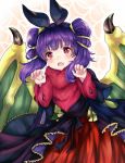  akina_(akn_646) blush cape dragon_girl dragon_wings dress fire_emblem fire_emblem:_seima_no_kouseki fire_emblem_heroes halloween long_hair looking_at_viewer mamkute multi-tied_hair myrrh open_mouth purple_hair red_eyes short_hair simple_background smile solo twintails wings 