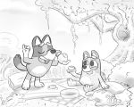  anthro bingo blue_heeler bluey canine cub cup dog duo eyes_closed female fur grass grin mammal monochrome open_mouth outside picnic plant plushie polygon5 pose shrub sibling sisters sitting smile teapot tree young 