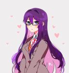  artist_name bespectacled black-framed_eyewear commentary doki_doki_literature_club english_commentary eyebrows_visible_through_hair eyes_visible_through_hair glasses hair_between_eyes heart highres jacket long_hair looking_at_viewer outline parted_lips purple_eyes purple_hair rectangular_eyewear savi_(byakushimc) school_uniform semi-rimless_eyewear simple_background solo sparkle under-rim_eyewear upper_body very_long_hair white_outline yuri_(doki_doki_literature_club) 