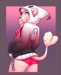  2018 anthro blue_eyes butt caprine chain clothed clothing female fur hoodie lockworkorange mammal sheep shorts simple_background white_fur 