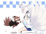  ? akagi_(azur_lane) animal_ears animalization azur_lane blue_eyes breasts cleavage commentary_request fox fox_ears fox_girl fox_tail japanese_clothes kaga_(azur_lane) multiple_tails pleated_skirt pokasu short_hair simple_background sitting skirt tail wariza white_background white_hair 