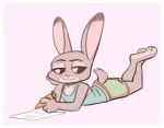  2017 anthro arm_support border carrot_pen clothed clothing crossed_legs dipstick_ears disney female fuel_(artist) half-closed_eyes holding_object judy_hopps lagomorph leaning_on_elbow legs_up looking_at_viewer lying mammal on_front paper pink_background rabbit simple_background solo white_border zootopia 