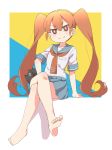  1girl bare_legs barefoot eyebrows_visible_through_hair fang feet highres karahai_(31448823) legs_crossed long_hair orange_eyes orange_hair school_uniform serafuku sitting soles tamon_(ueno-san_wa_bukiyou) toes twintails ueno-san_wa_bukiyou ueno_(ueno-san_wa_bukiyou) v-shaped_eyebrows very_long_hair 