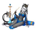  anthro arifa breasts clothed clothing eyes_closed female fishnet fur harem_outfit hookah littlemomoko loincloth mammal sergal smile 