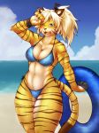  2017 340m/sec 4_fingers anthro beach bikini blonde_hair blue_eyes blush breasts brown_fur brown_nose brown_stripes cheek_tuft chest_tuft claws cleavage clothed clothing countershading feline female fur hair hair_tie happy inner_tube mammal multicolored_fur muscular muscular_female navel one_eye_closed open_mouth outside ponytail portrait raised_arm seaside solo standing string_bikini striped_fur stripes swimsuit tan_fur teeth three-quarter_portrait tiger tuft yellow_fur zhang_fei_(fullbokko_heroes) 