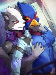  anthro avian beak bird blush canine clothing duo falco_lombardi feathers green_eyes hand_on_neck jacket male male/male mammal nintendo pec_grasp pecs scarf smile star_fox sweat tears underwear video_games wolf wolf_o&#039;donnell zeitzbach 