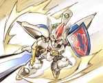  full_body haou_taikei_ryuu_knight highres ishiyumi looking_at_viewer mecha no_humans shield slashing solo sword weapon zephyr 