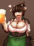  &lt;3 2017 340m/sec alcohol anthro beer bell beverage big_breasts black_fur blush bovine breasts brown_hair cattle cleavage clothed clothing dirndl ear_tag female front_view fur green_eyes hair half-length_portrait happy holding_glass holding_object jewelry kemono mammal necklace oktoberfest one_eye_closed open_mouth portrait ribbons simple_background solo white_fur wink 