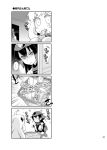  2girls 4koma ahoge alternate_costume apron blush blush_stickers c: comic eating emphasis_lines frown greyscale hair_between_eyes headgear horns imu_sanjo kantai_collection mittens monochrome motion_lines multiple_girls nagato_(kantai_collection) no_eyes northern_ocean_hime page_number peeking_out shaded_face shinkaisei-kan shopping_basket silhouette smile speech_bubble spoken_ellipsis translated 