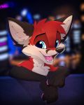  2018 blue_eyes blurred_background canine detailed_background digital_media_(artwork) feral fox fur magenta7 mammal open_mouth red_fur smile solo teeth tongue 